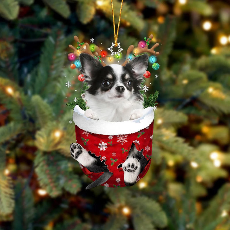 Long Haired Chihuahua In Snow Pocket Ornament