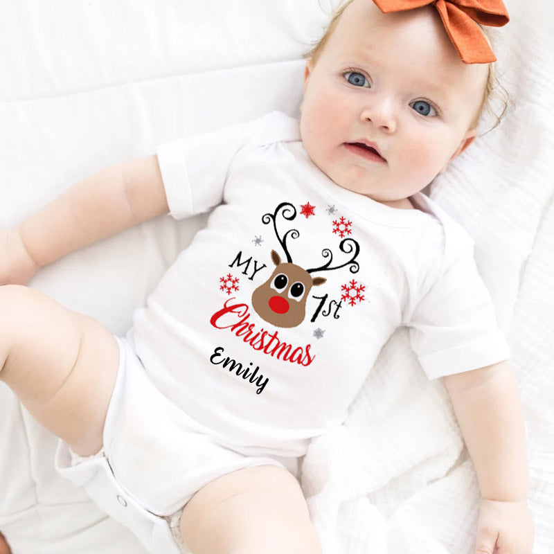 My First Christmas Baby Cartoon Reindeer Print Outfit