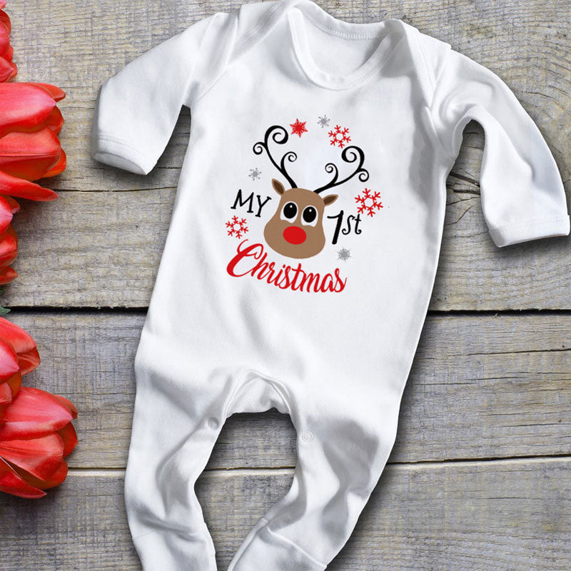 My First Christmas Baby Cartoon Reindeer Print Outfit