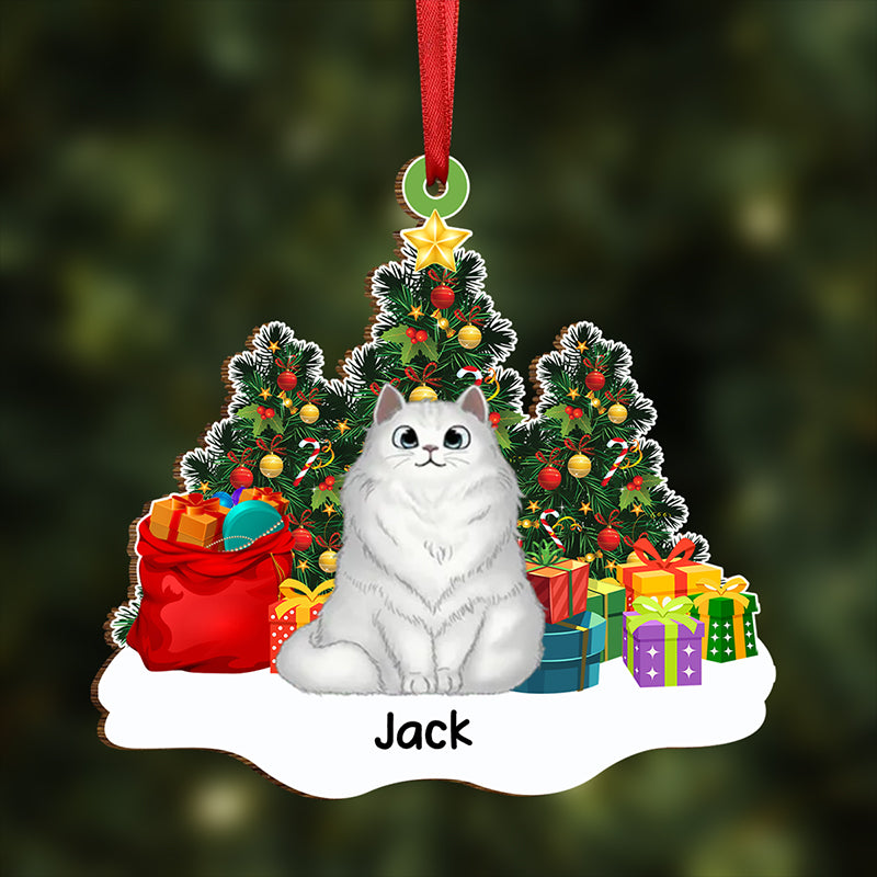 Personalized Cats Sitting On Snow Christmas Tree Wood Ornament
