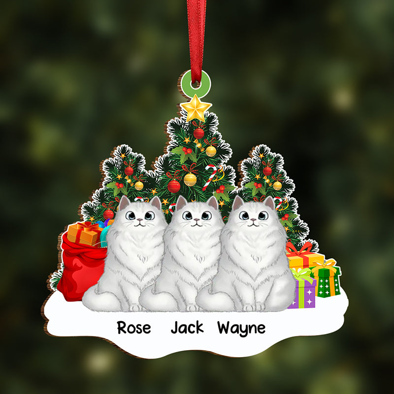 Personalized Cats Sitting On Snow Christmas Tree Wood Ornament