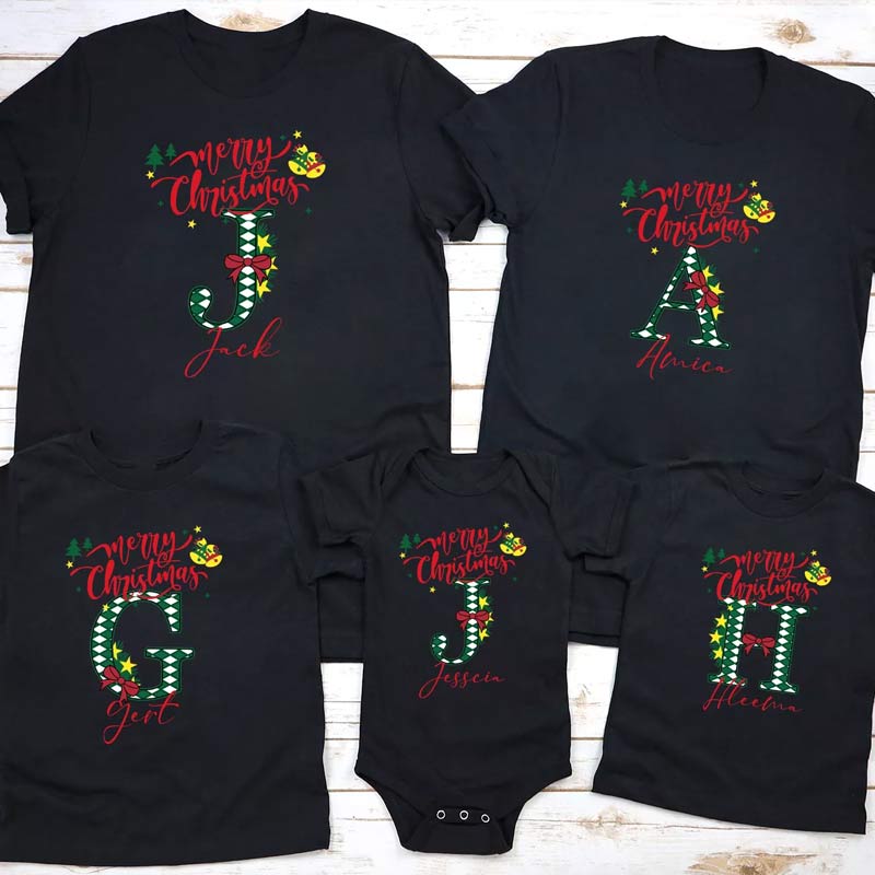 Personalized Christmas Alphabet Print Family Shirts