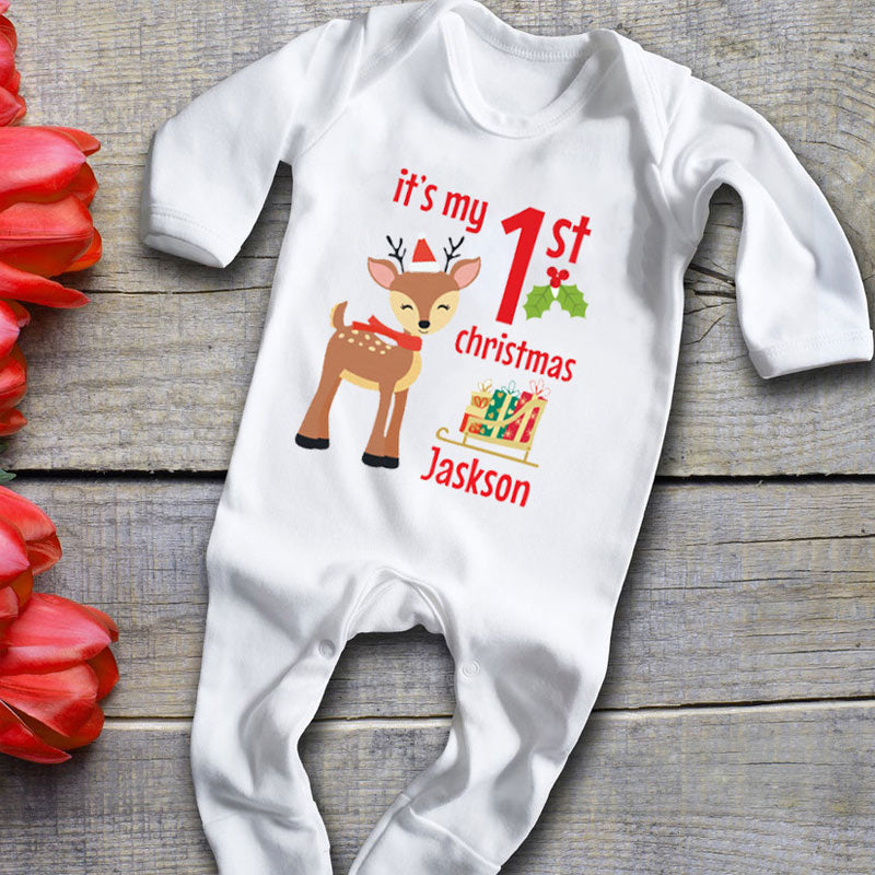 Personalized My First Christmas Reindeer Baby Onesie