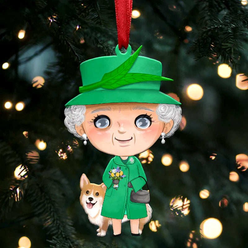 Queen Elizabeth II with Corgi Christmas Ornament
