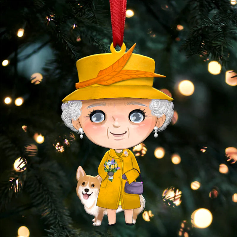 Queen Elizabeth II with Corgi Christmas Ornament